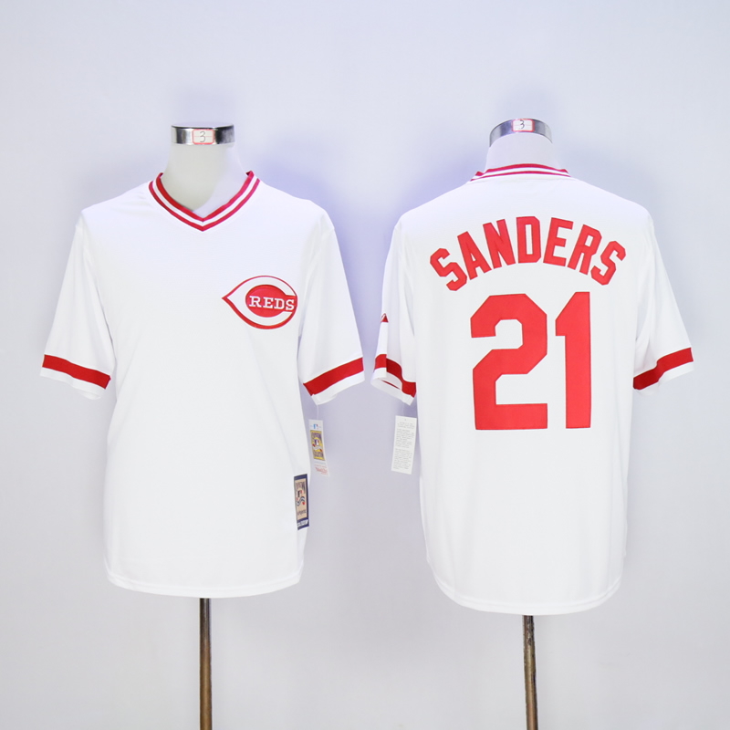 Men MLB Cincinnati Reds 21 Sanders white throwback jerseys